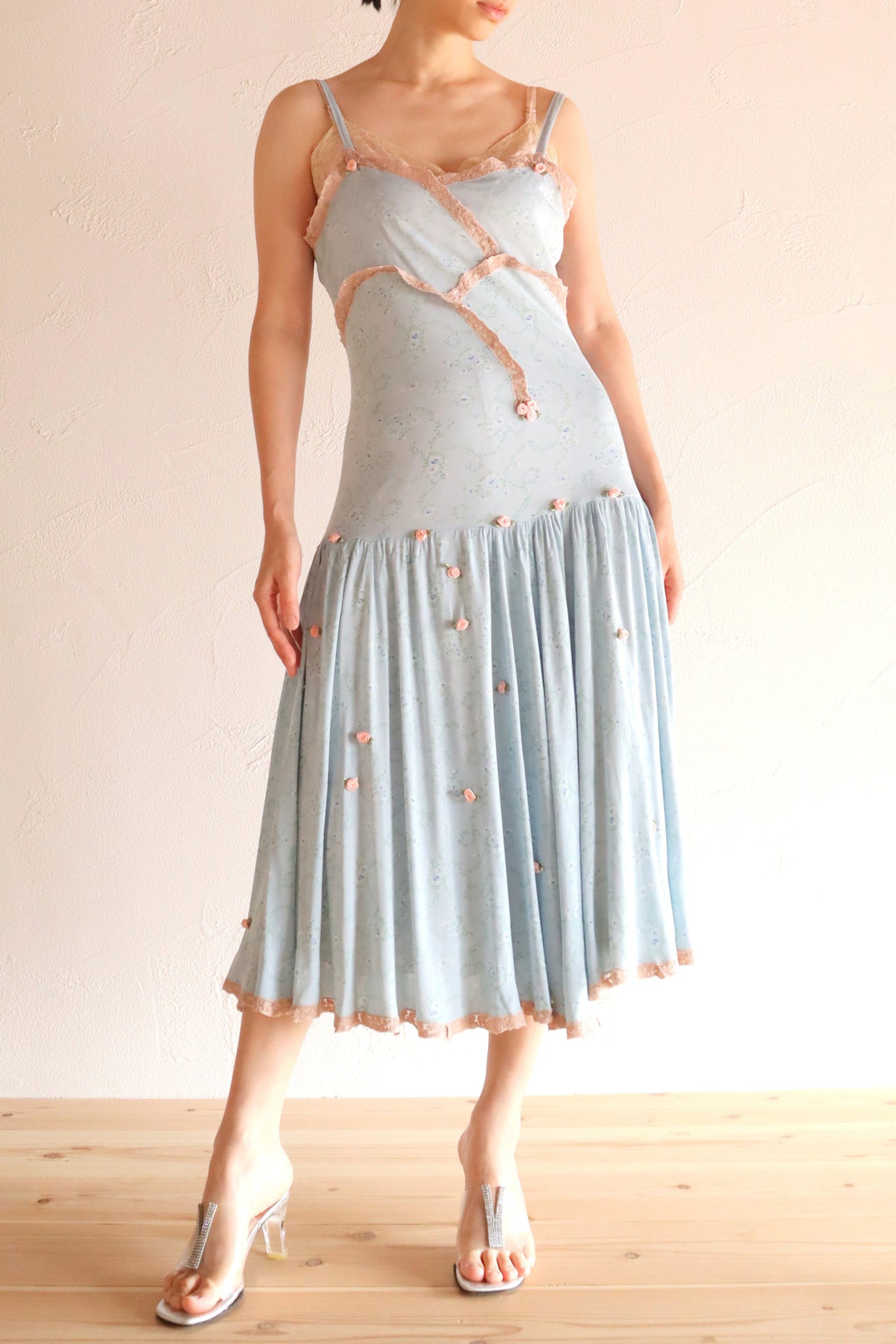 1930s Blue Floral Rayon Dress