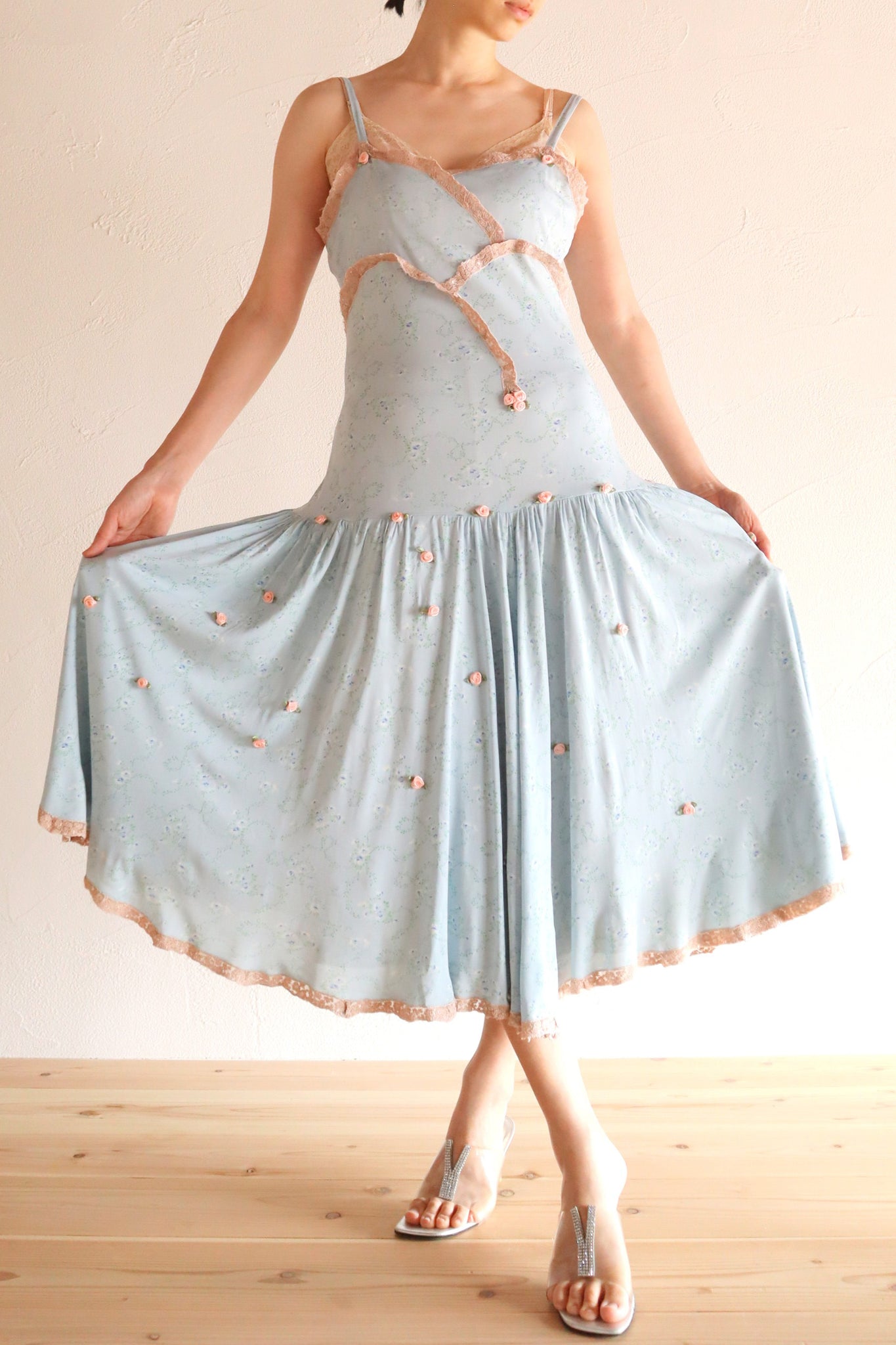 1930s Blue Floral Rayon Dress