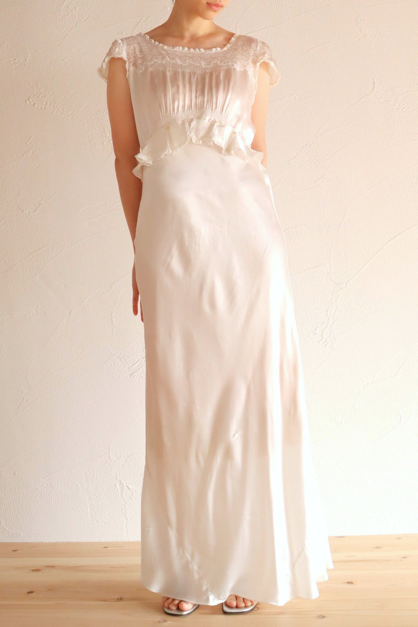 1930s White Satin Mini Rose Dress