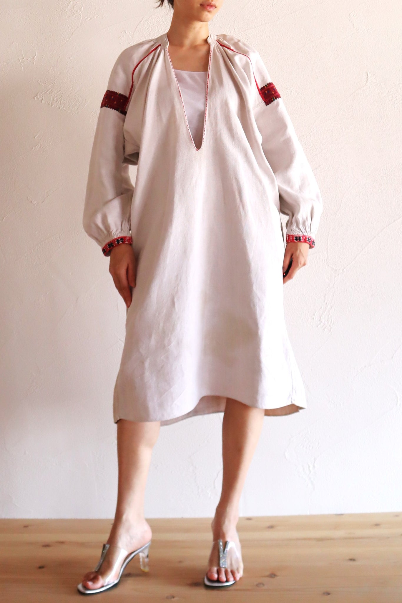 1890s–1910s Ukrainian Hand-Embroidered Homespun Linen Folk Dress