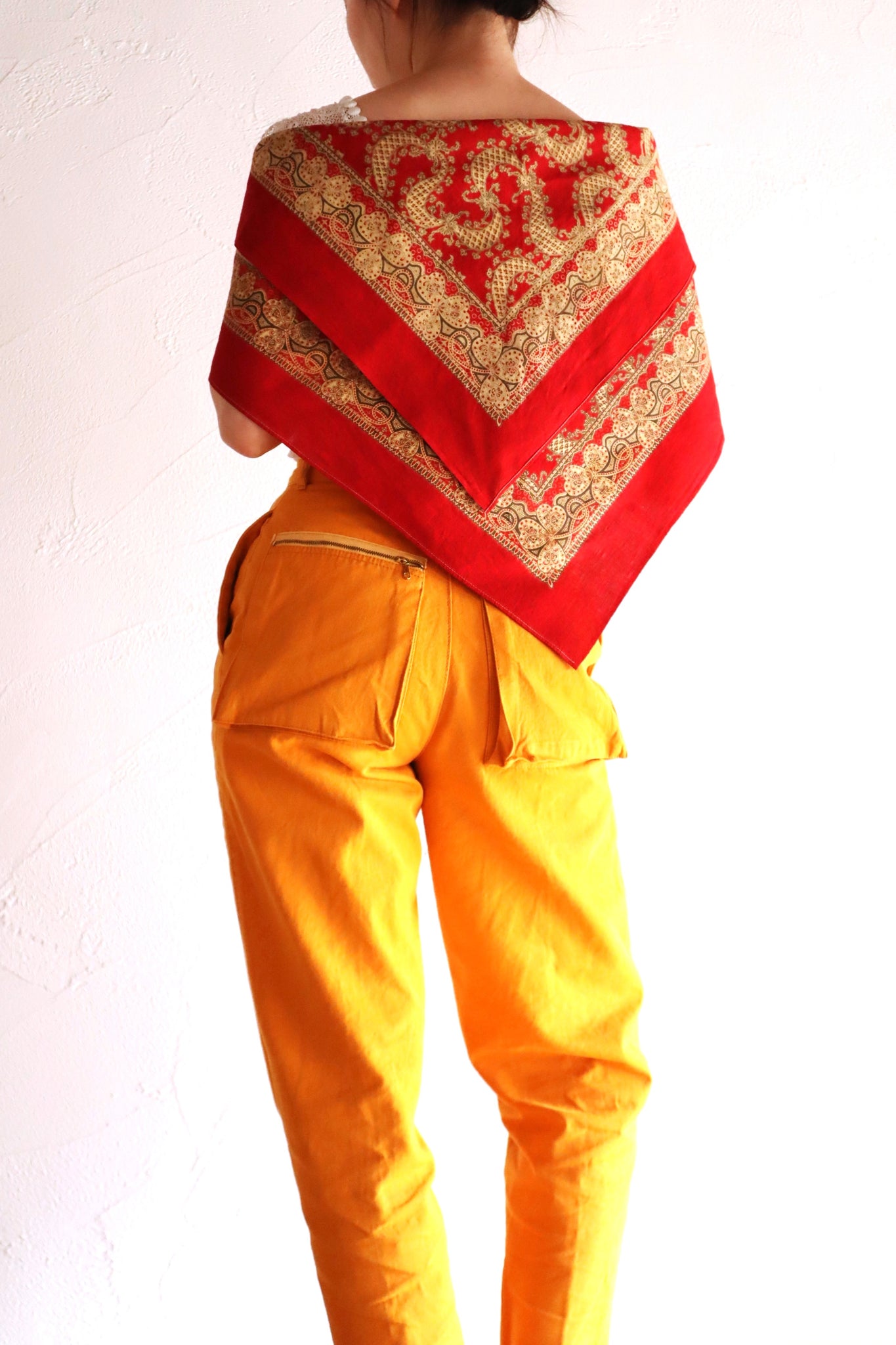 Mid-Century French Cotton Scarf in Red Paisley & Clover Print