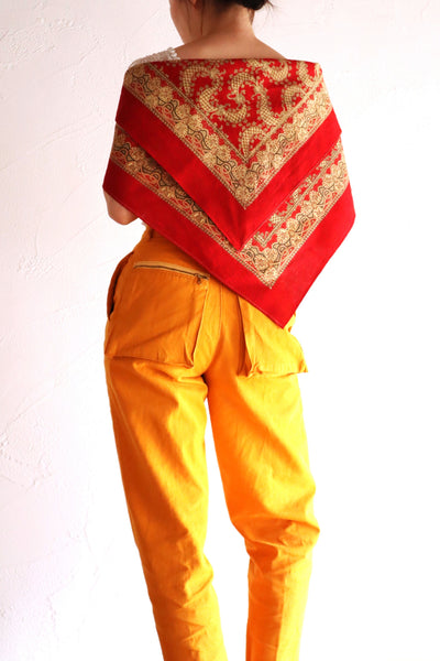 Mid-Century French Cotton Scarf in Red Paisley & Clover Print