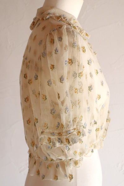 1930s Floral Embroidery Tulle Blouse