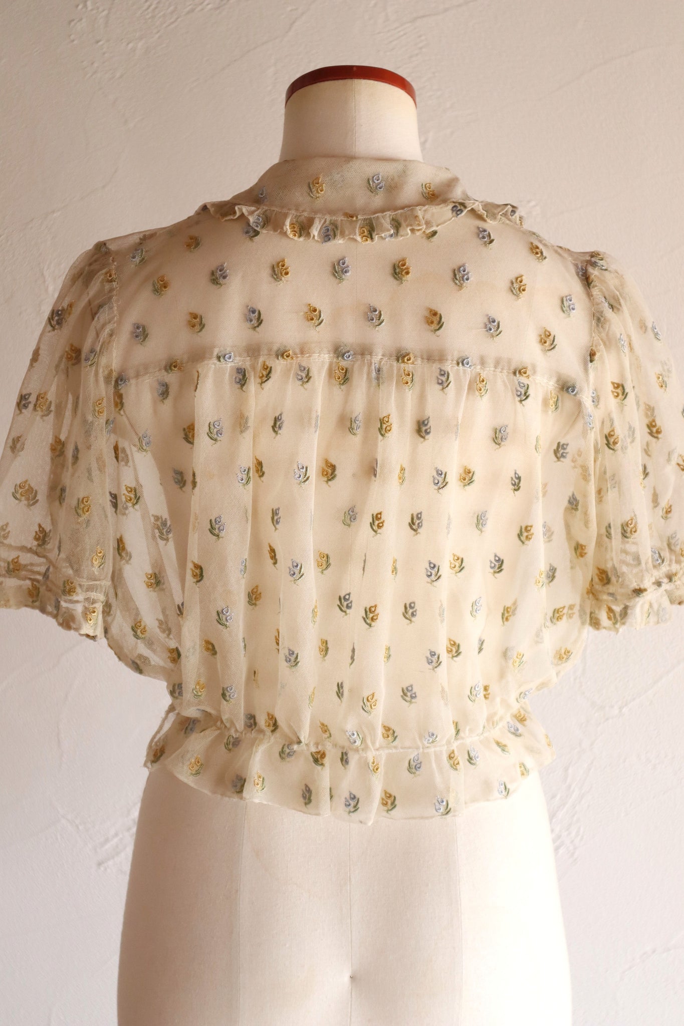 1930s Floral Embroidery Tulle Blouse