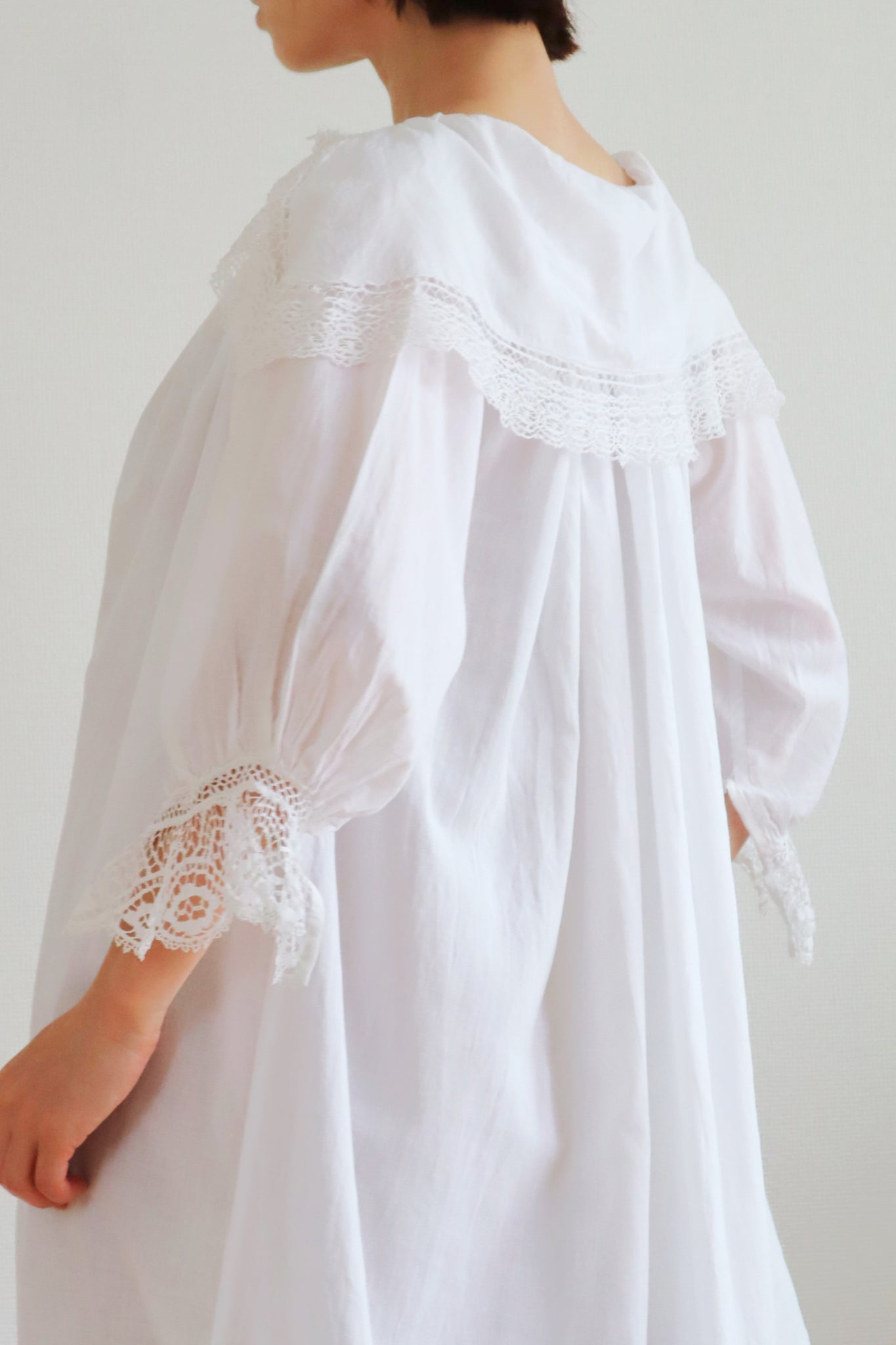 1900s French Big Collar Lawn Cotton Long Dress