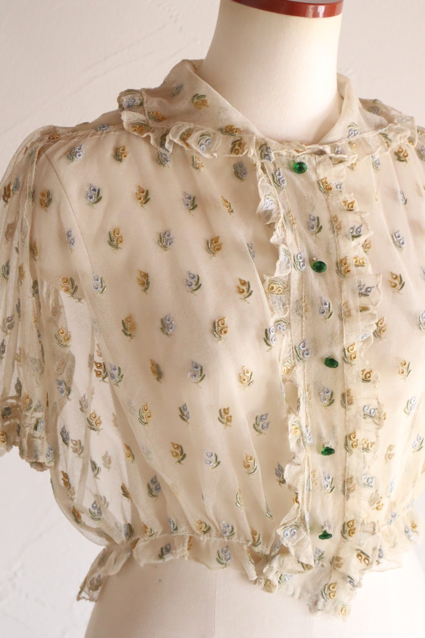 1930s Floral Embroidery Tulle Blouse