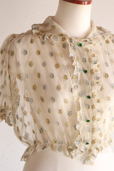 1930s Floral Embroidery Tulle Blouse