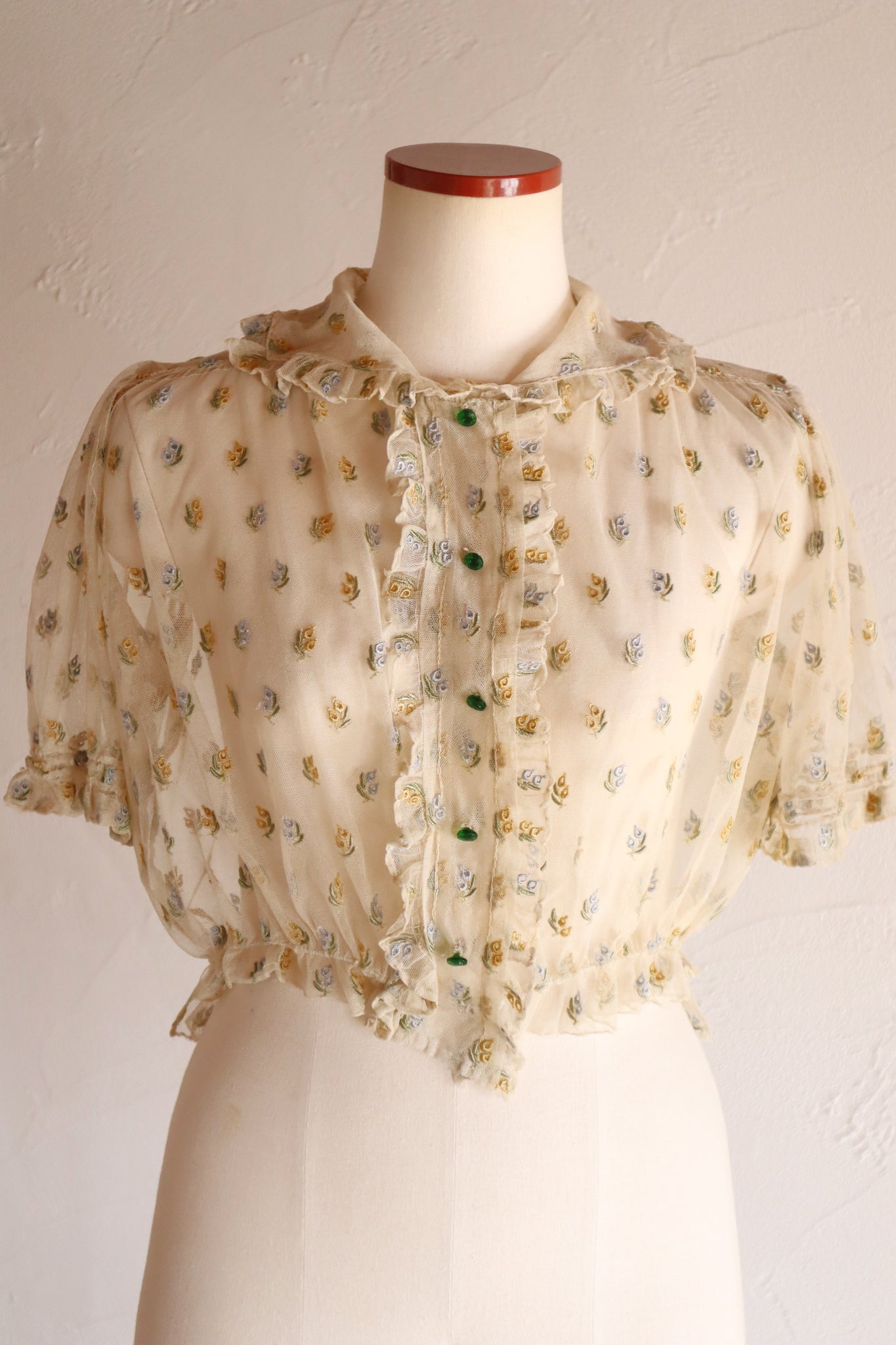 1930s Floral Embroidery Tulle Blouse
