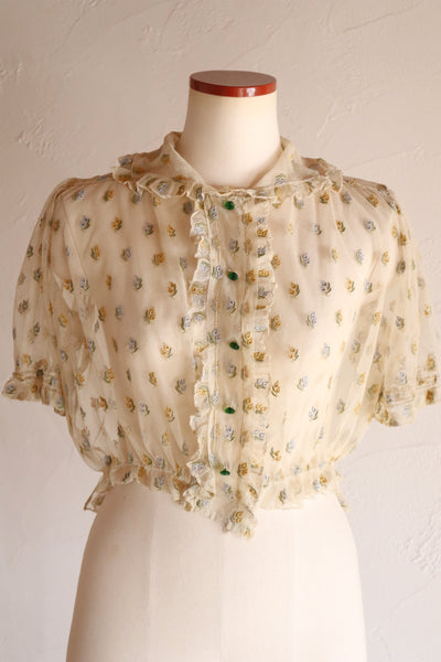 1930s Floral Embroidery Tulle Blouse