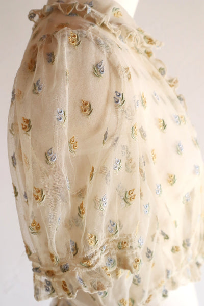 1930s Floral Embroidery Tulle Blouse