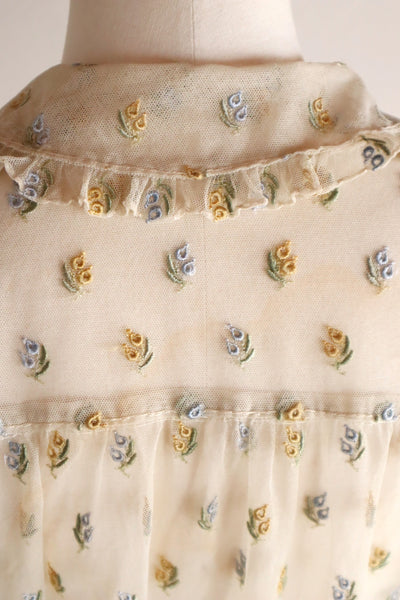 1930s Floral Embroidery Tulle Blouse