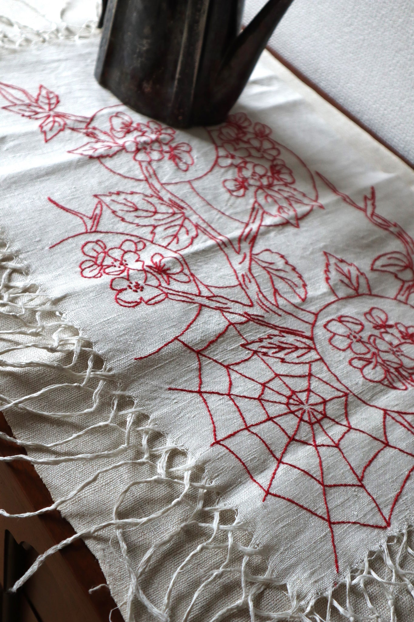 1880s Turkey Red Embroidered Spider Web Splasher
