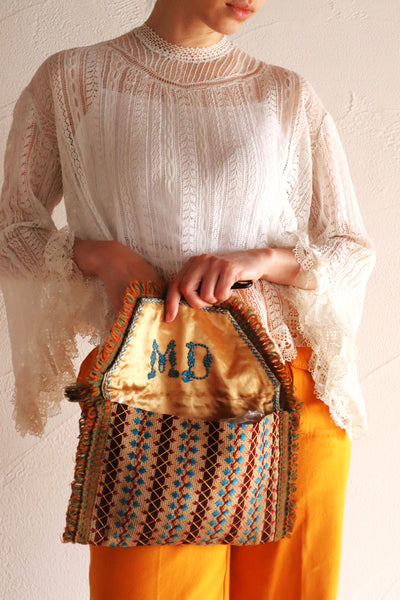 1900s French Embroidery Bag with Silk Lining