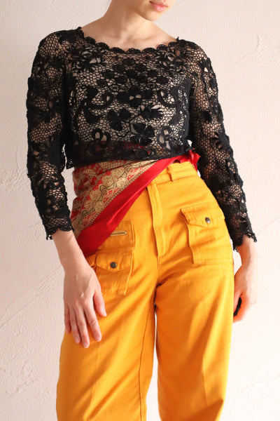 1900s French Hand Crochet Lace Bolero – Black Floral Motif