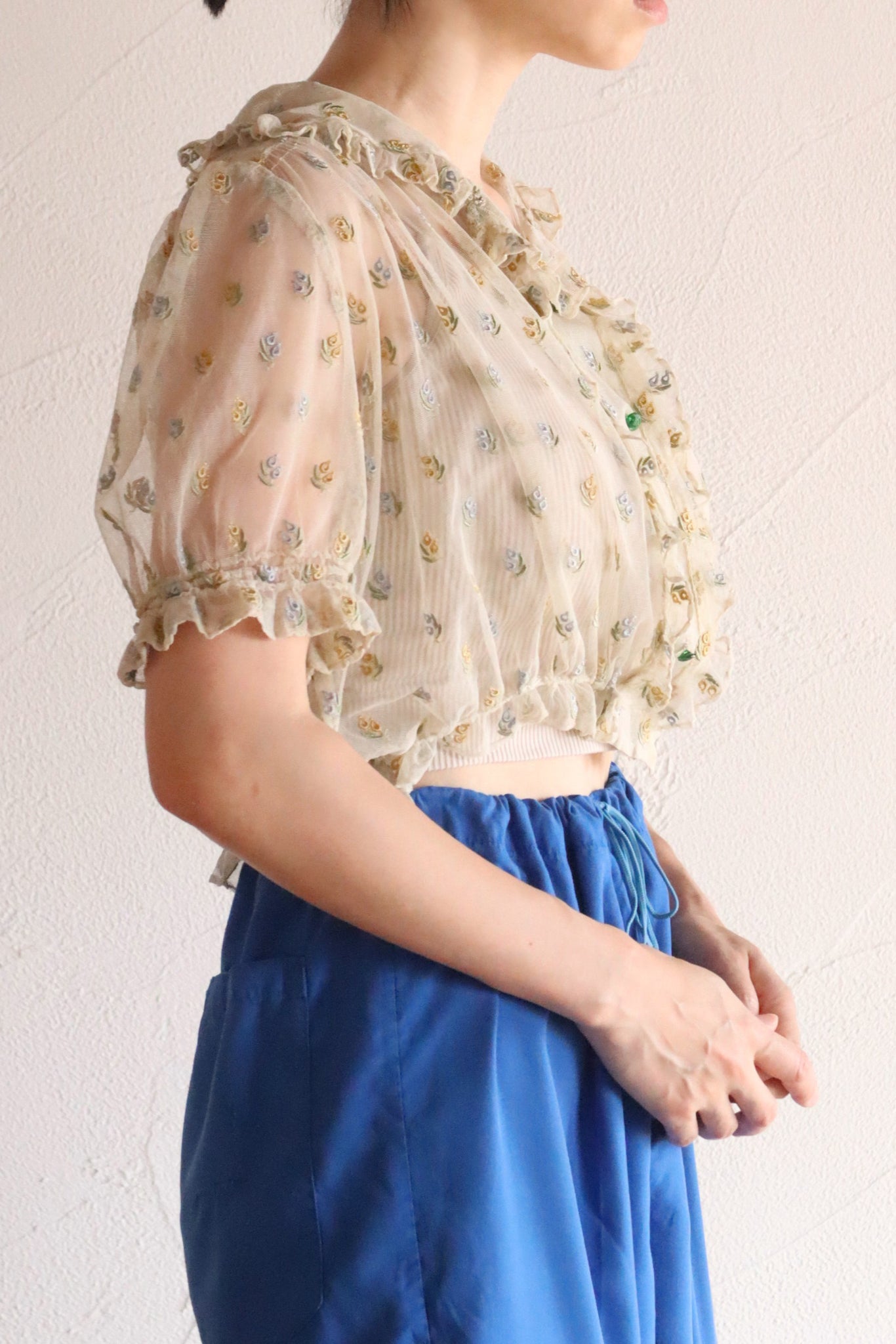 1930s Floral Embroidery Tulle Blouse