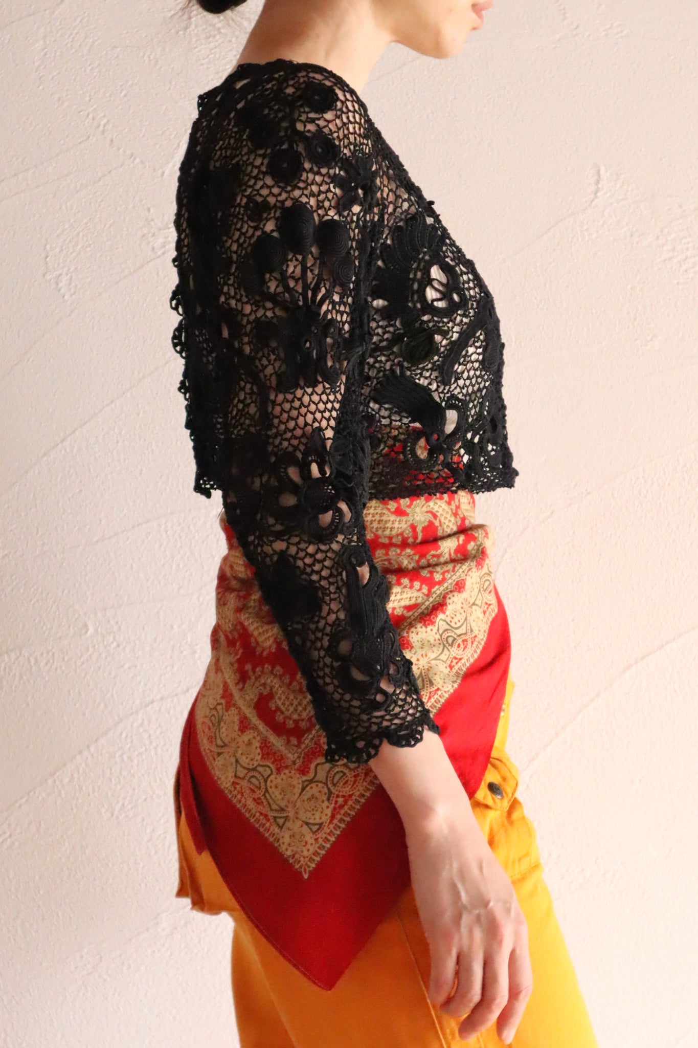 1900s French Hand Crochet Lace Bolero – Black Floral Motif