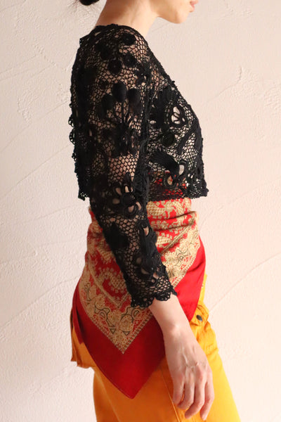 1900s French Hand Crochet Lace Bolero – Black Floral Motif