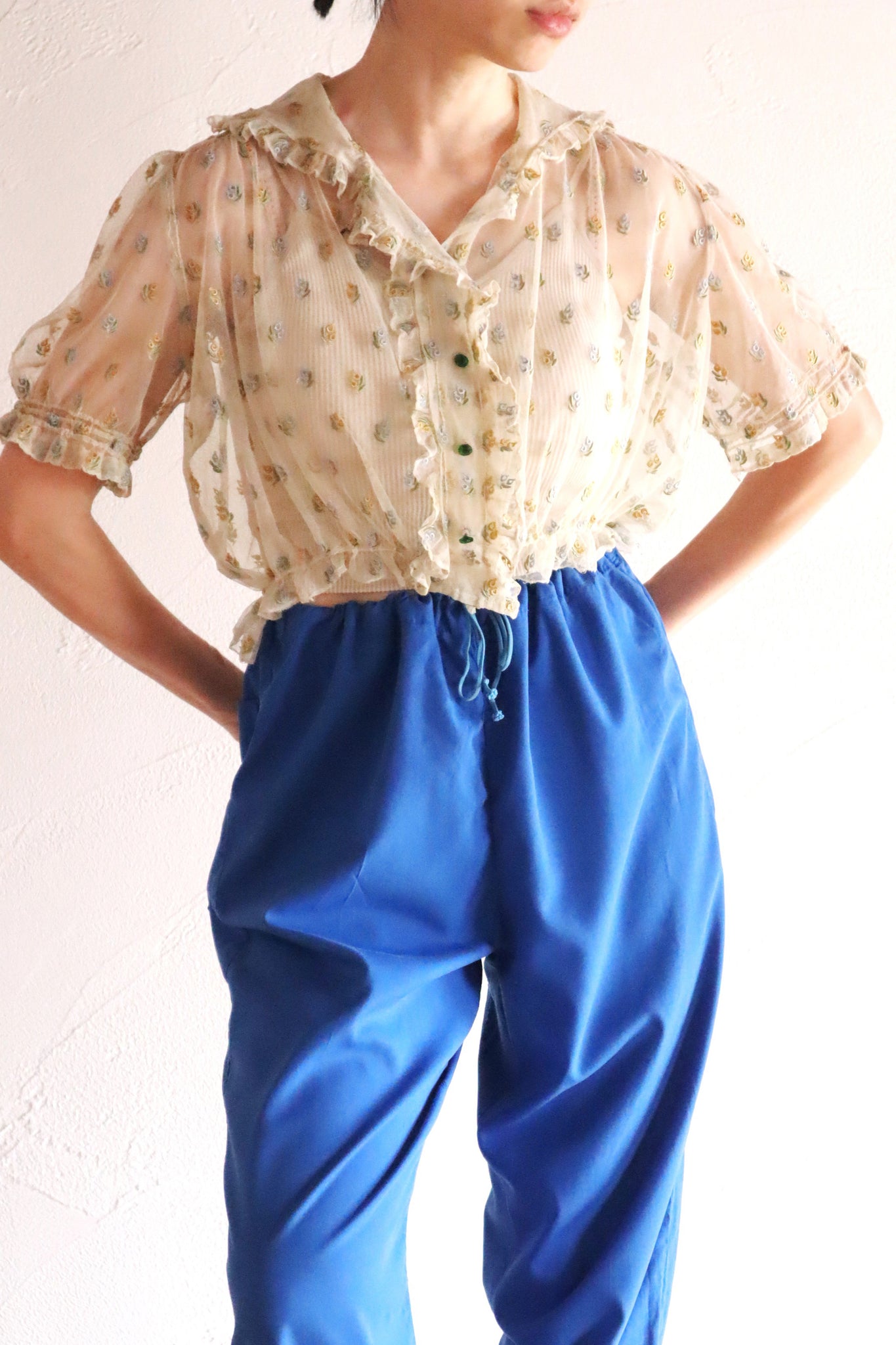 1930s Floral Embroidery Tulle Blouse