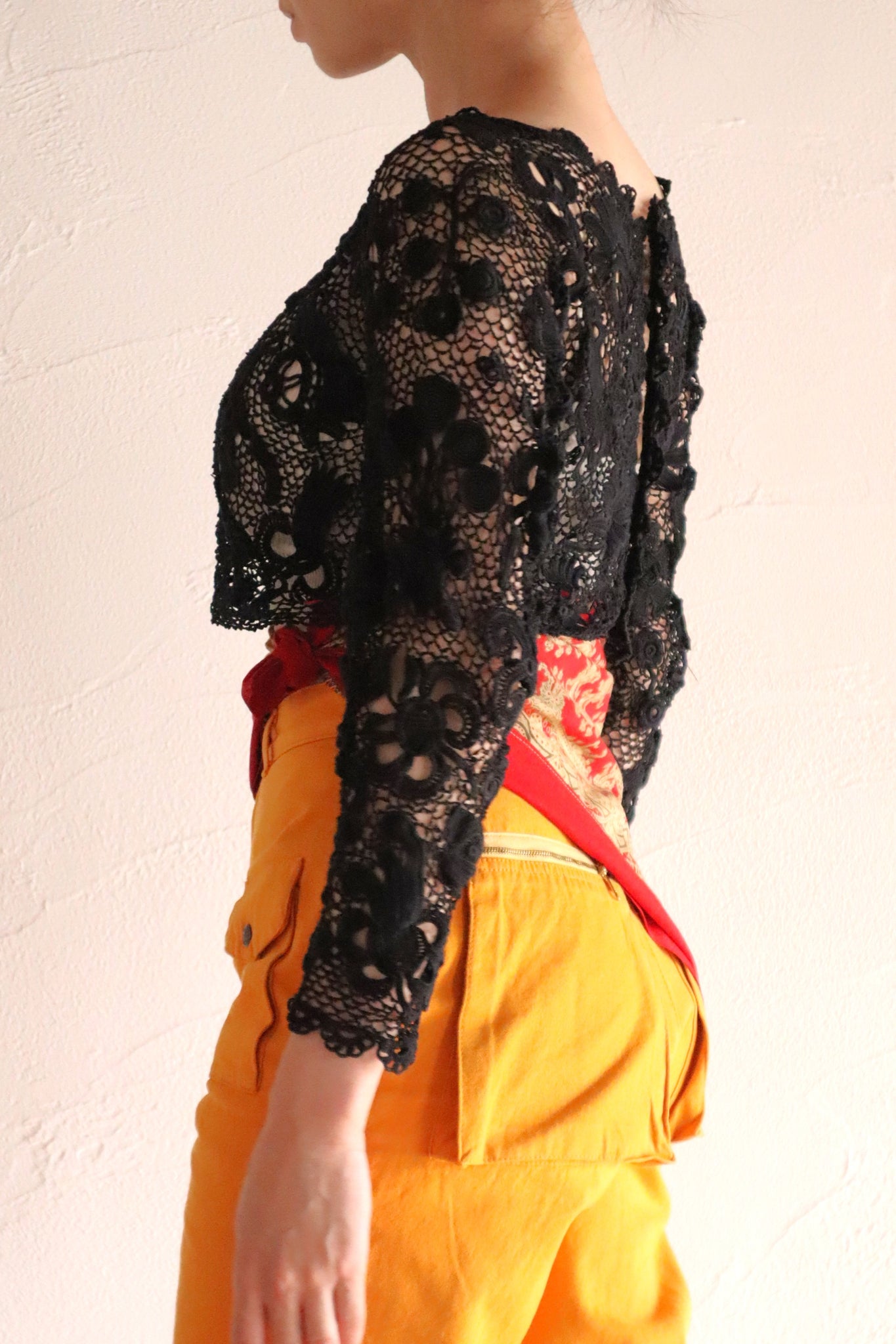 1900s French Hand Crochet Lace Bolero – Black Floral Motif