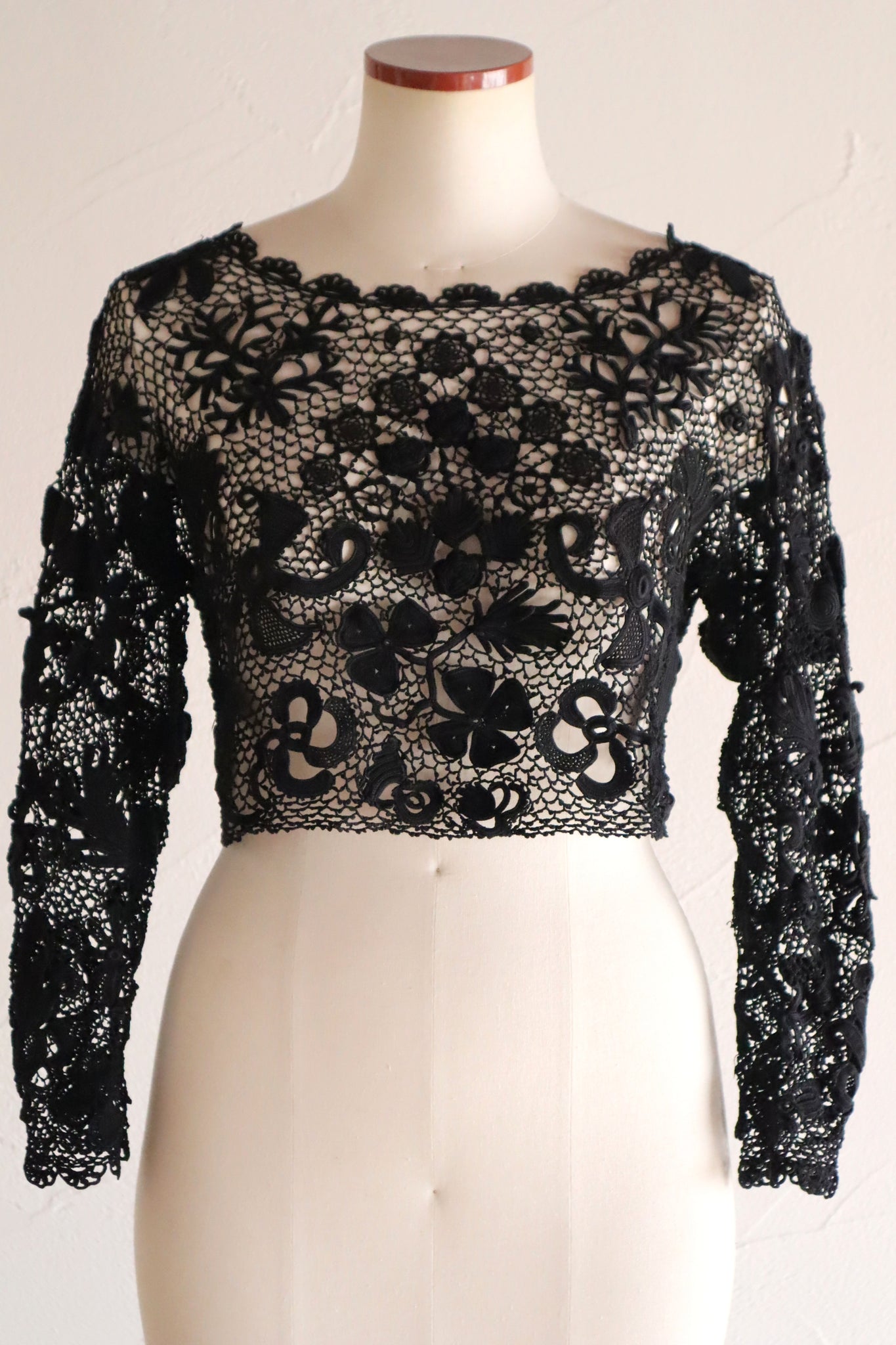 1900s French Hand Crochet Lace Bolero – Black Floral Motif