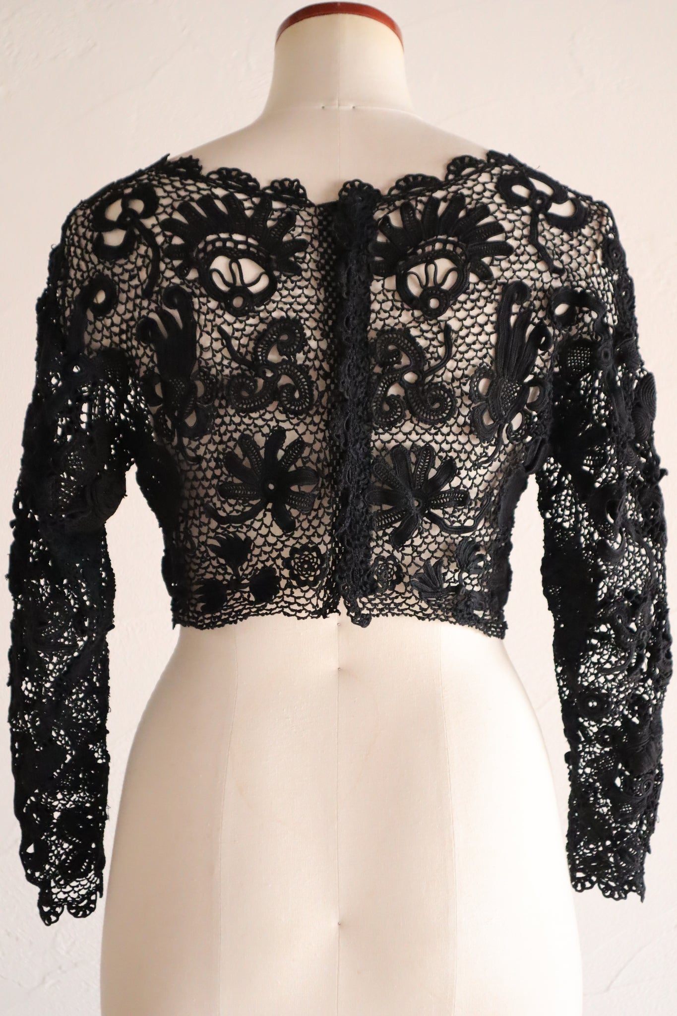 1900s French Hand Crochet Lace Bolero – Black Floral Motif
