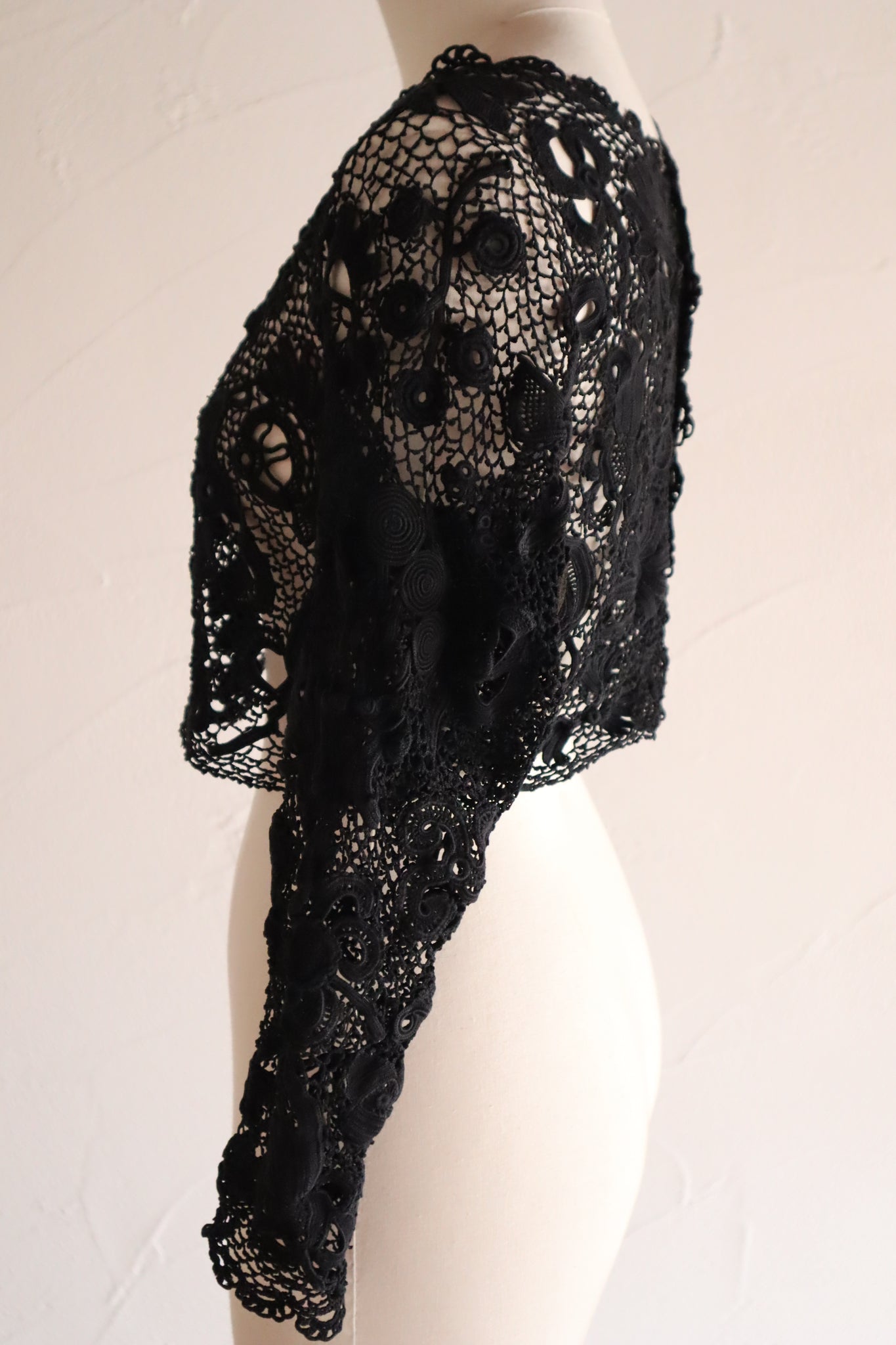 1900s French Hand Crochet Lace Bolero – Black Floral Motif