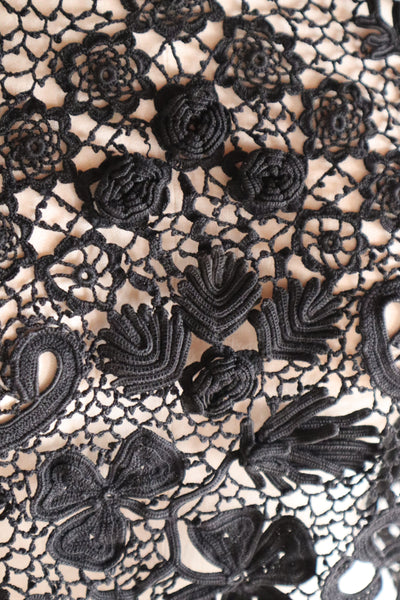 1900s French Hand Crochet Lace Bolero – Black Floral Motif