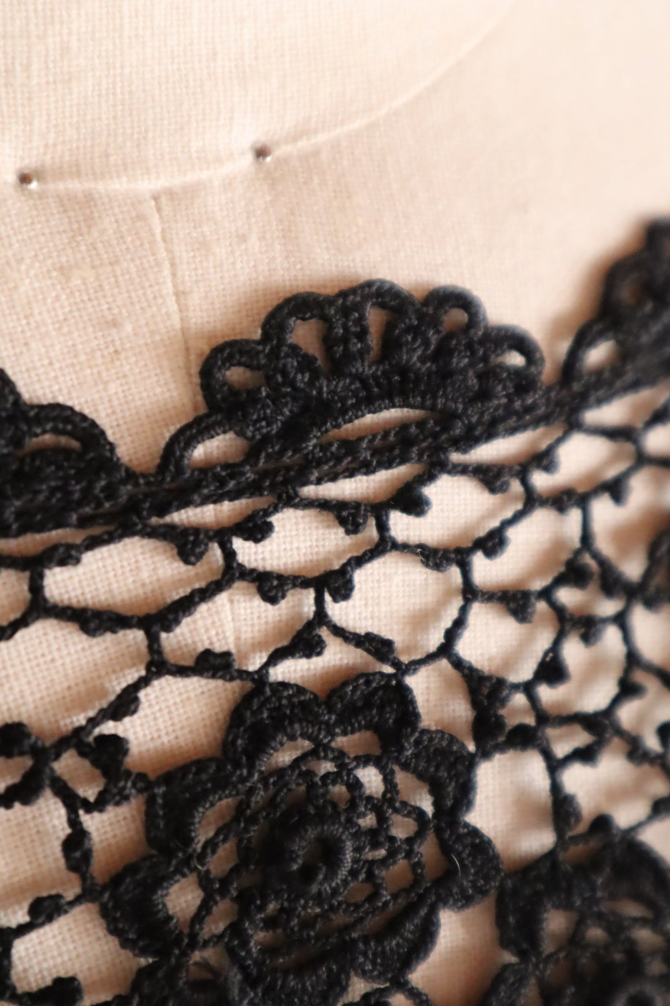 1900s French Hand Crochet Lace Bolero – Black Floral Motif