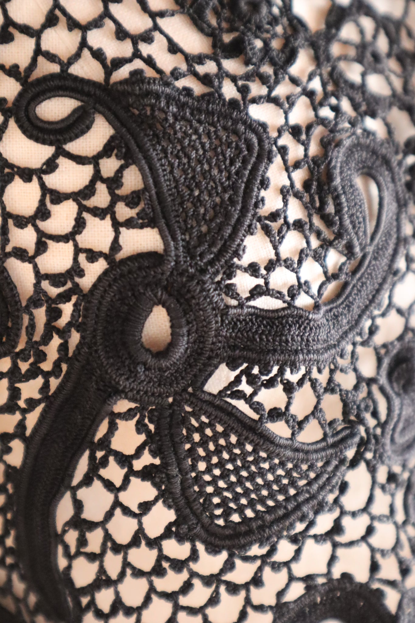 1900s French Hand Crochet Lace Bolero – Black Floral Motif