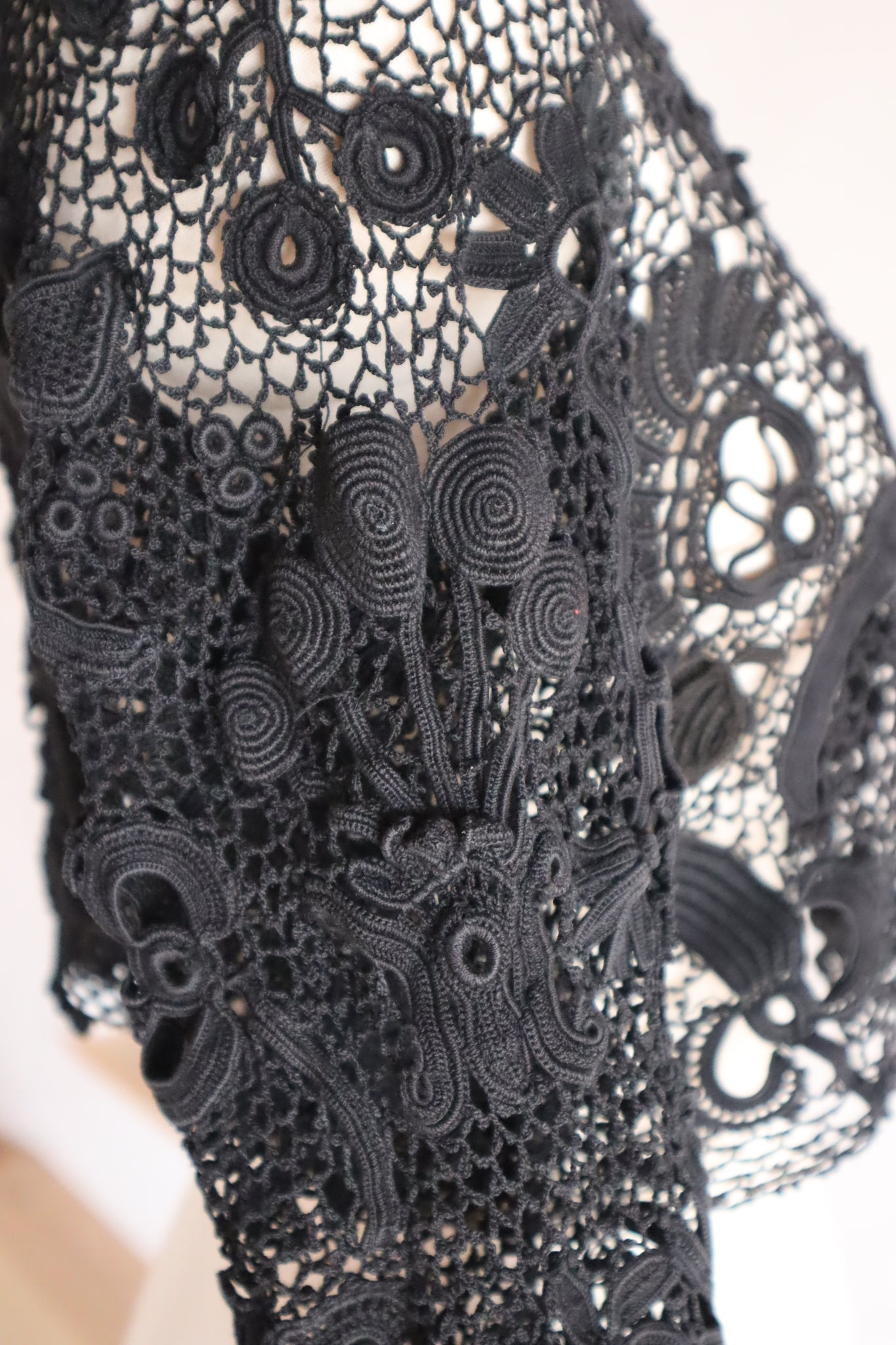 1900s French Hand Crochet Lace Bolero – Black Floral Motif