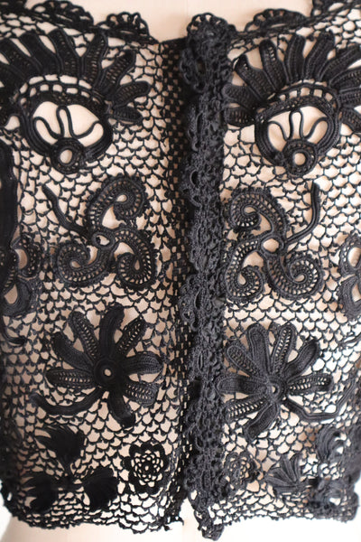 1900s French Hand Crochet Lace Bolero – Black Floral Motif
