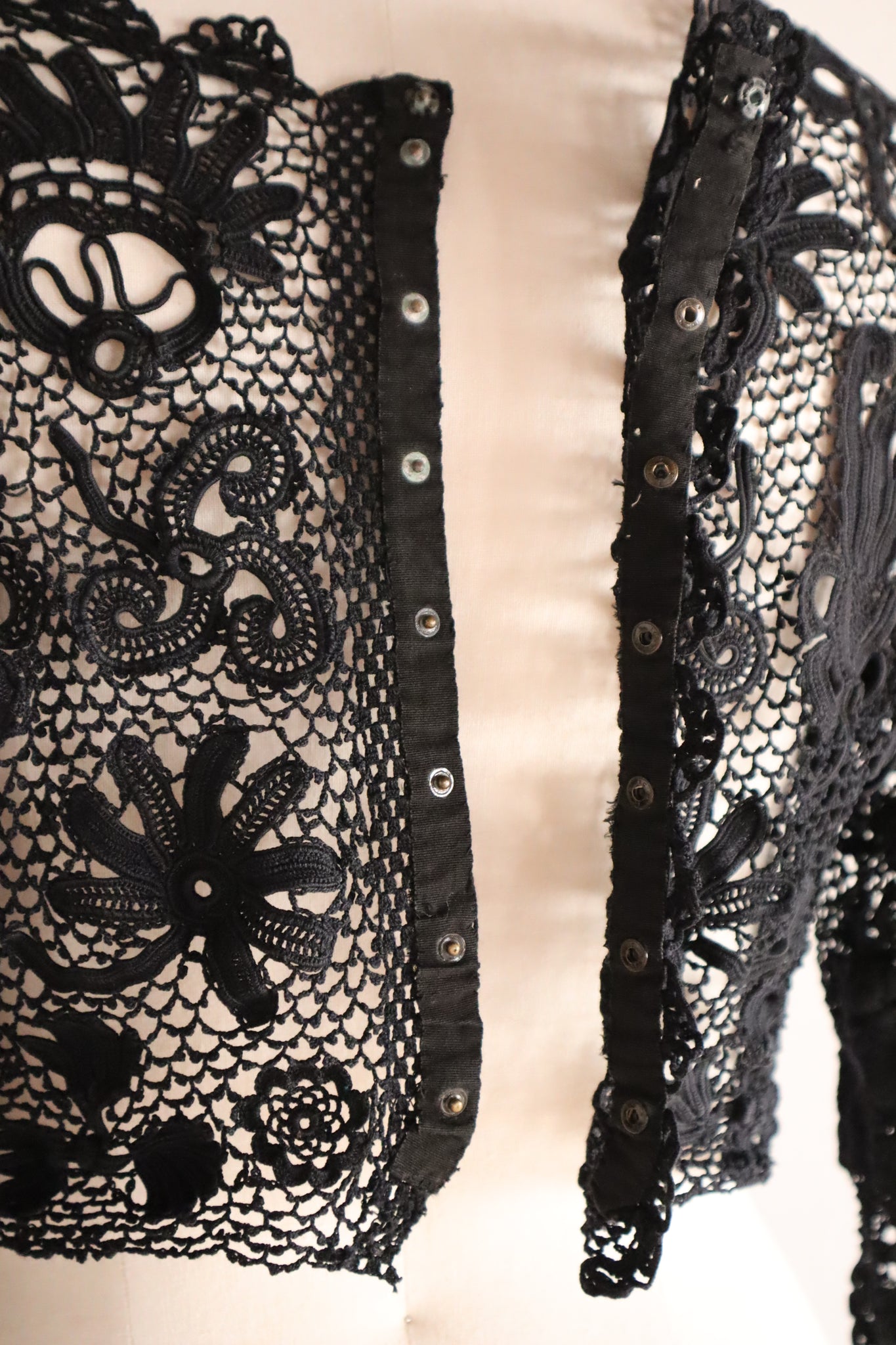 1900s French Hand Crochet Lace Bolero – Black Floral Motif
