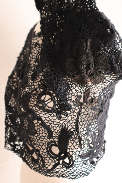 1900s French Hand Crochet Lace Bolero – Black Floral Motif