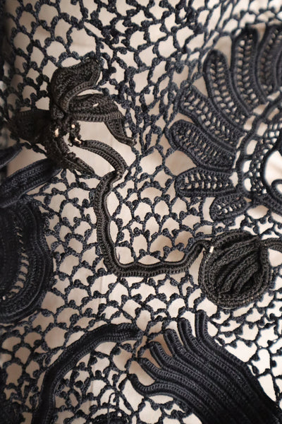 1900s French Hand Crochet Lace Bolero – Black Floral Motif