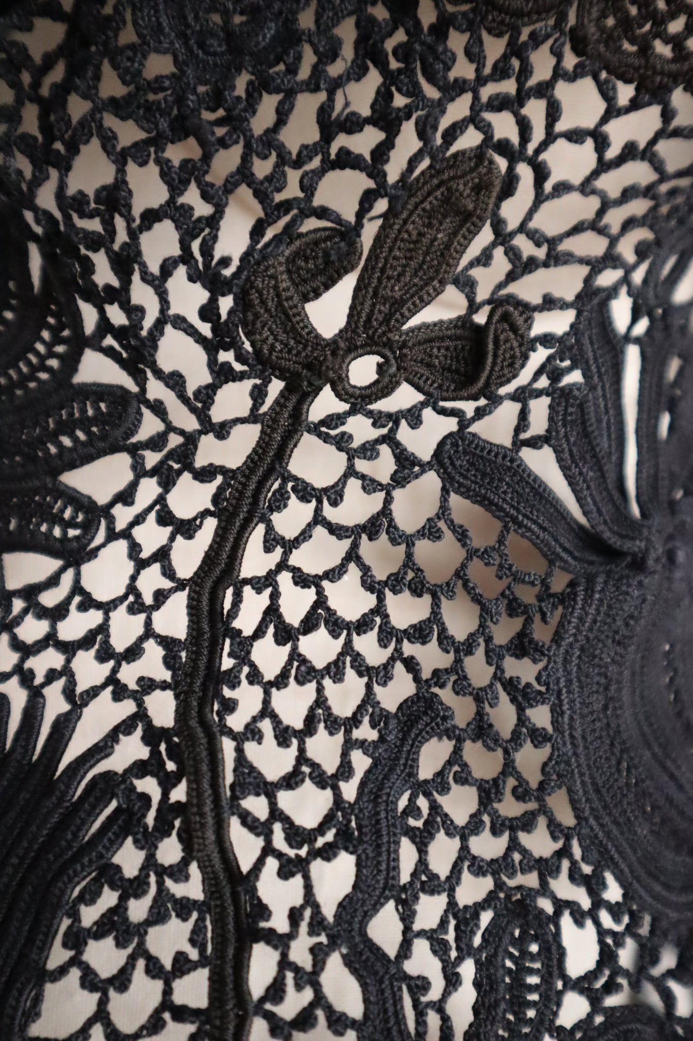 1900s French Hand Crochet Lace Bolero – Black Floral Motif