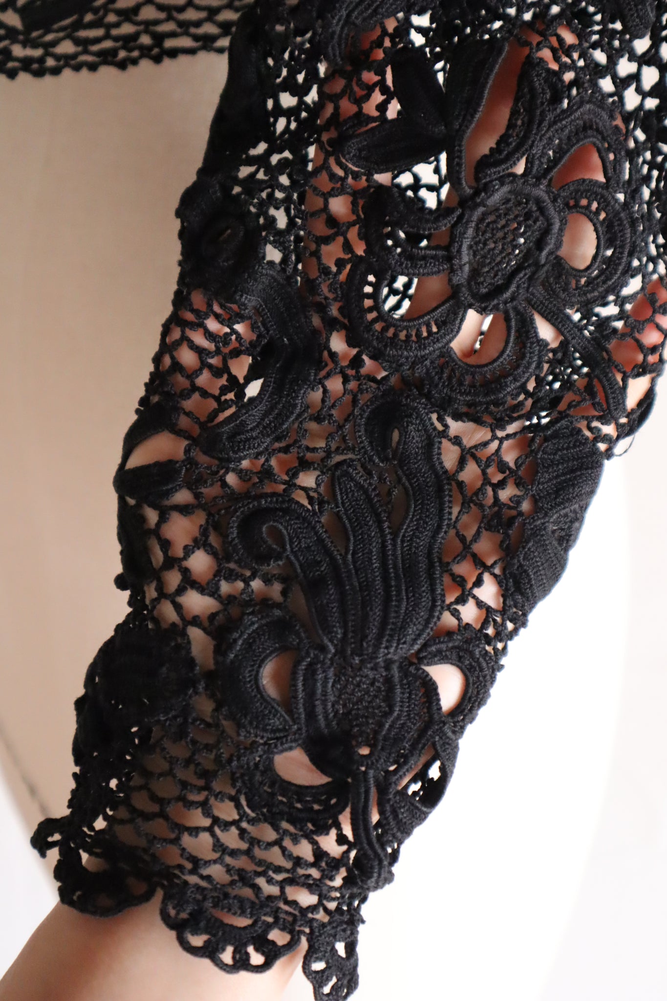 1900s French Hand Crochet Lace Bolero – Black Floral Motif