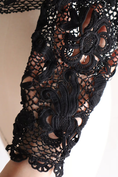 1900s French Hand Crochet Lace Bolero – Black Floral Motif