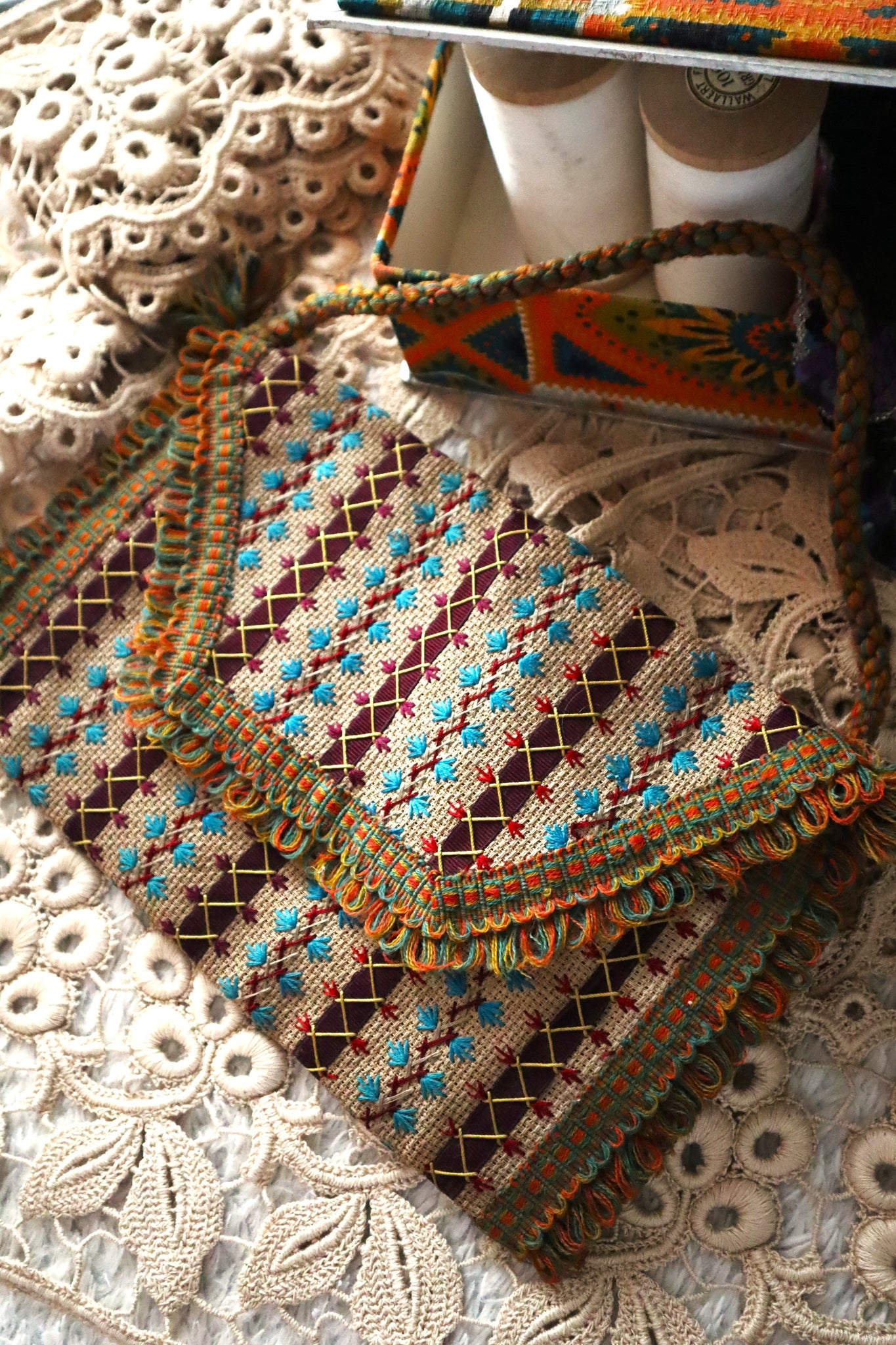 1900s French Embroidery Bag with Silk Lining
