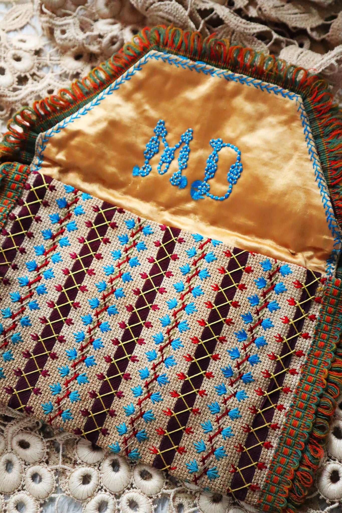 1900s French Embroidery Bag with Silk Lining