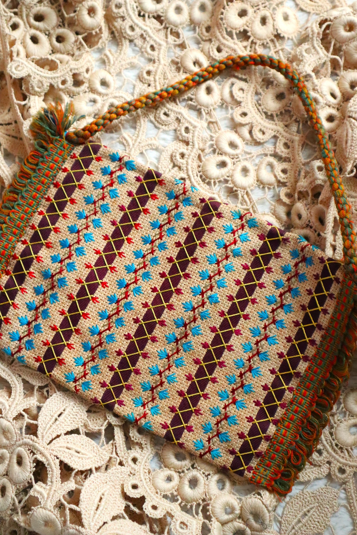 1900s French Embroidery Bag with Silk Lining