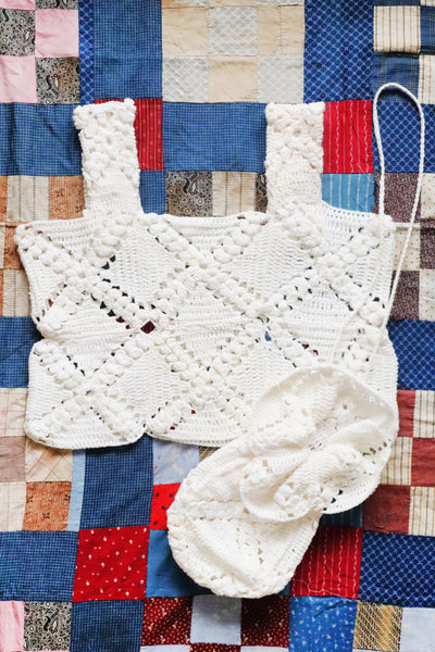 Handmade 70s Crochet Cotton Tops & Bag