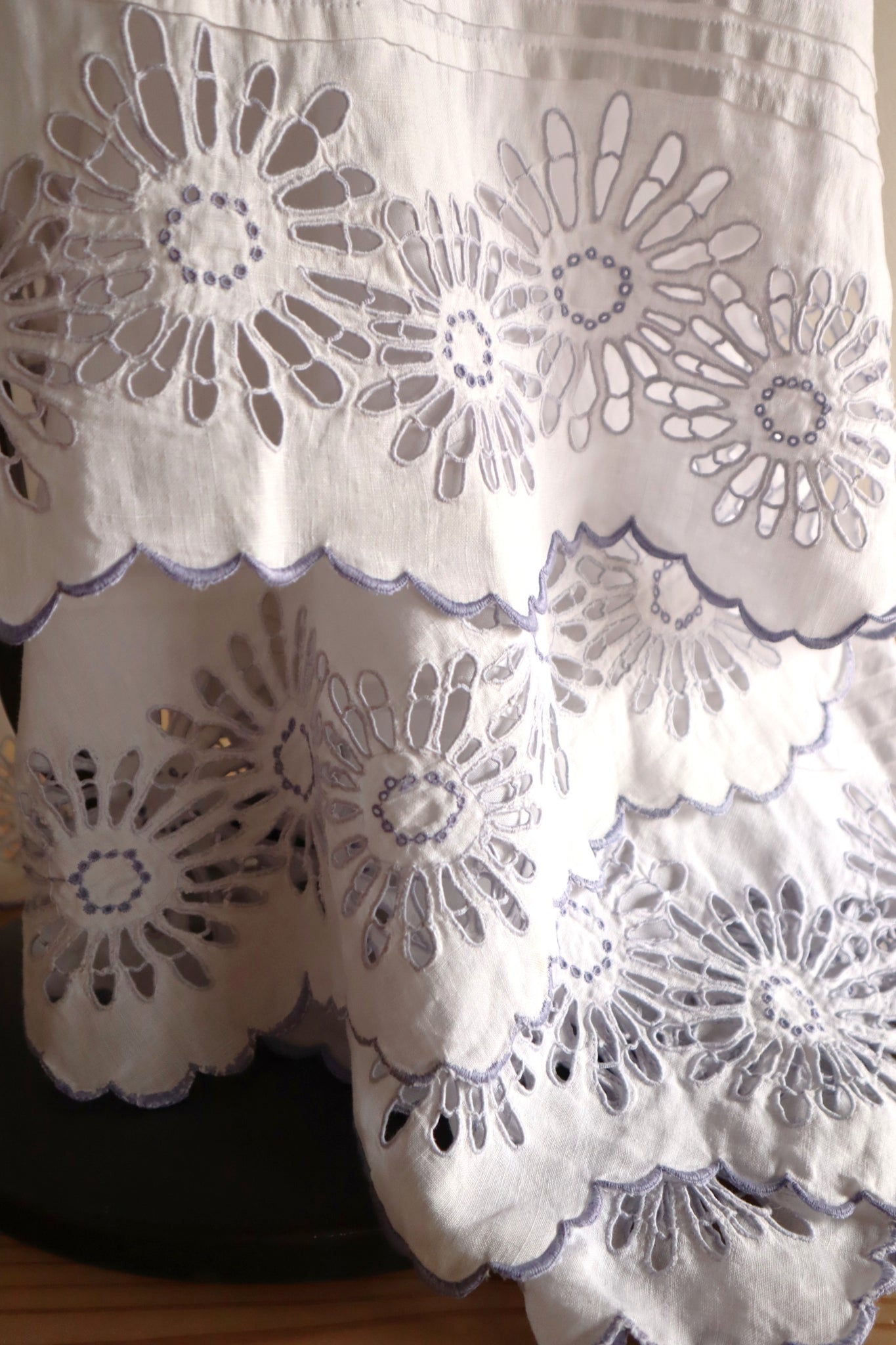 1900s–1910s French Linen Cutwork Embroidered Train Skirt