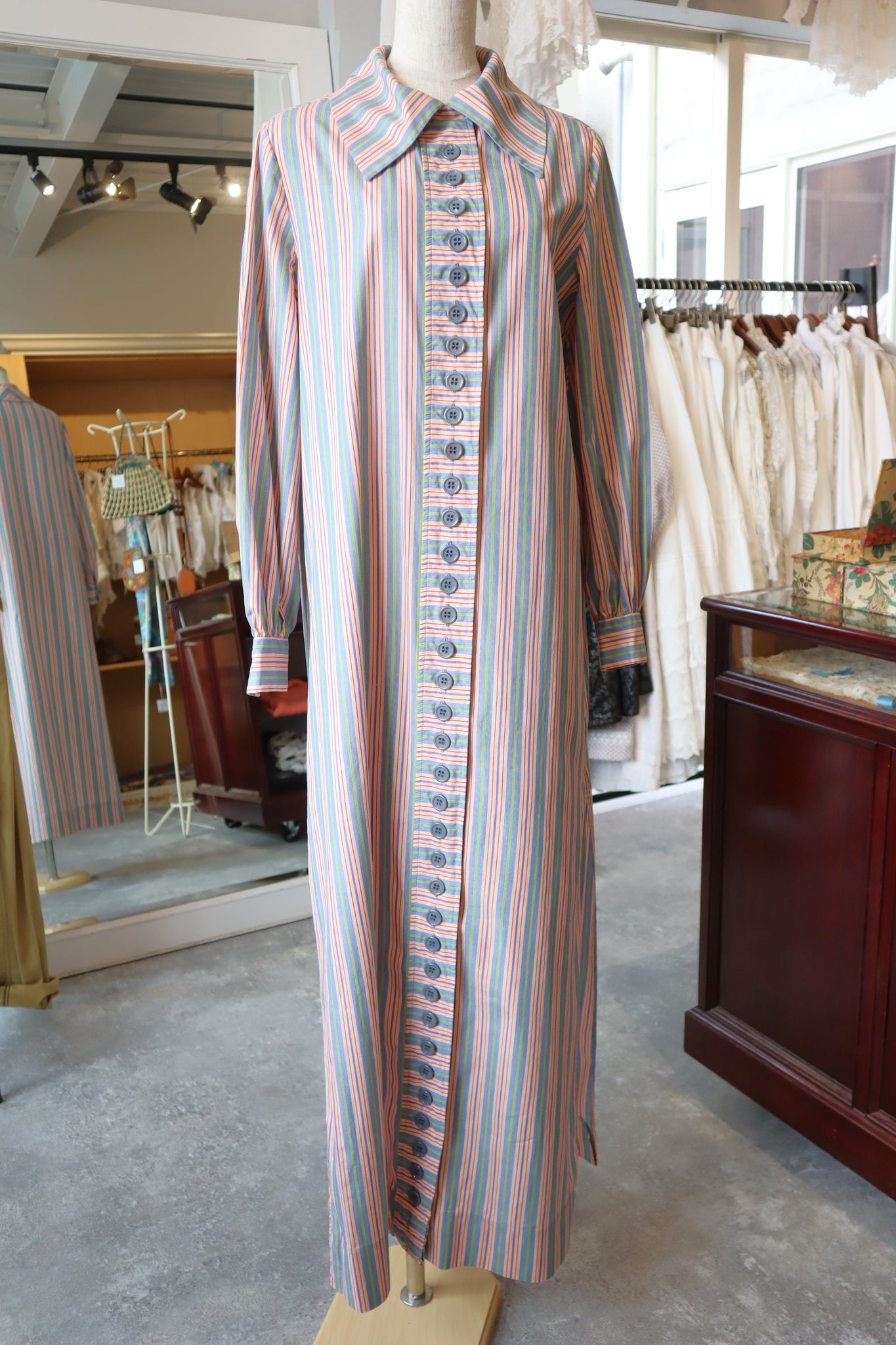 70s Multi Stripe Button Maxi Dress