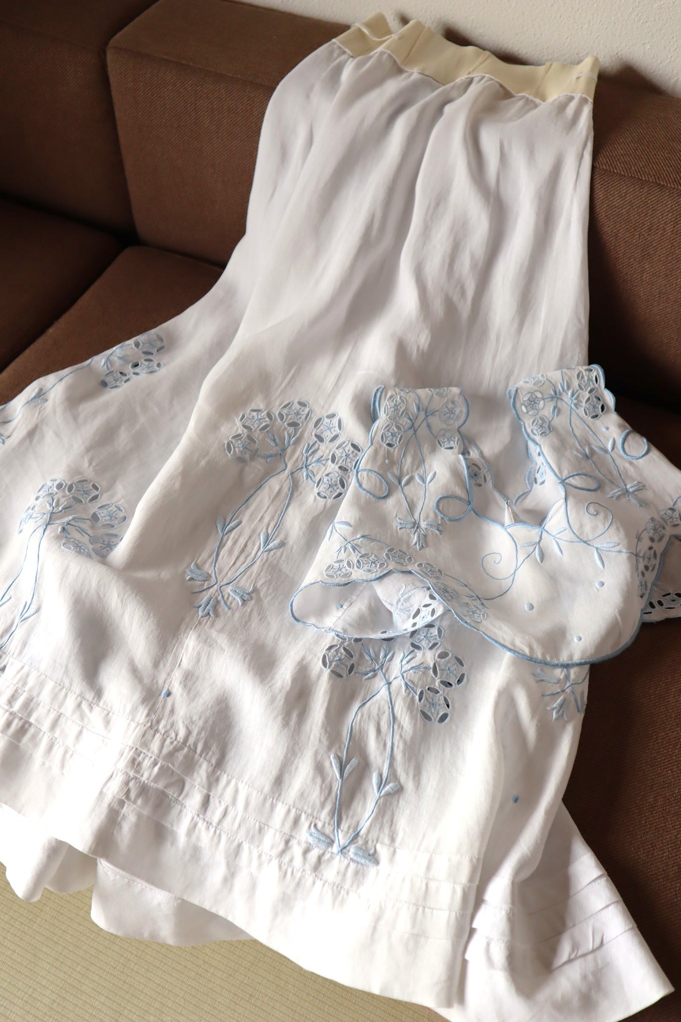 1900s–1910s French Linen Cutwork Embroidered Two-Piece Ensemble