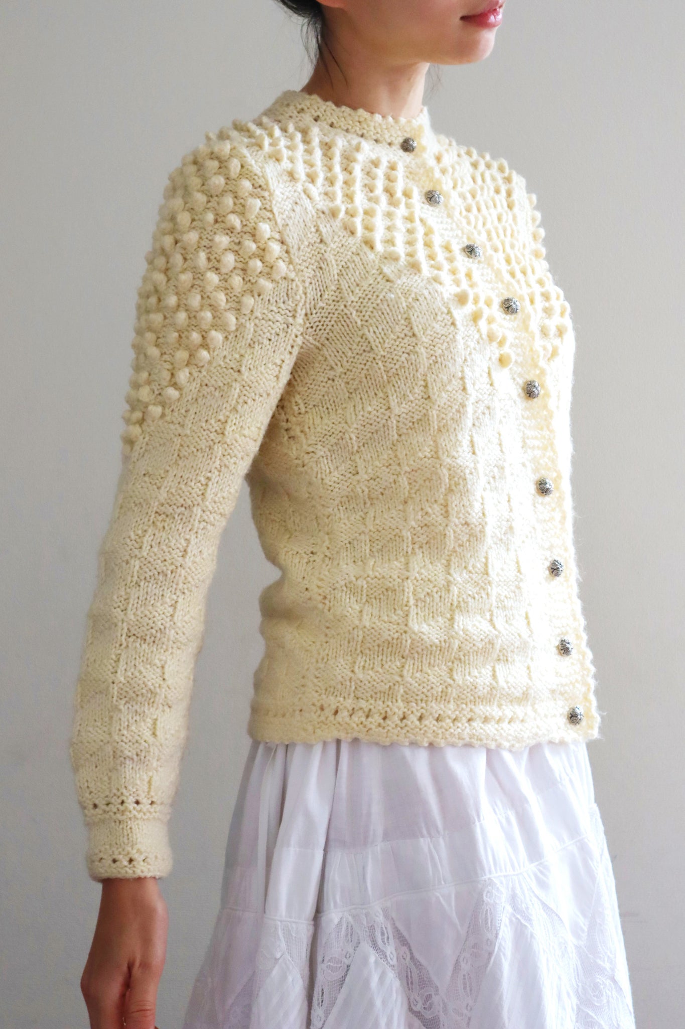 70s Hand Knit Pale Cream Soft Wool Austrian Cardigan