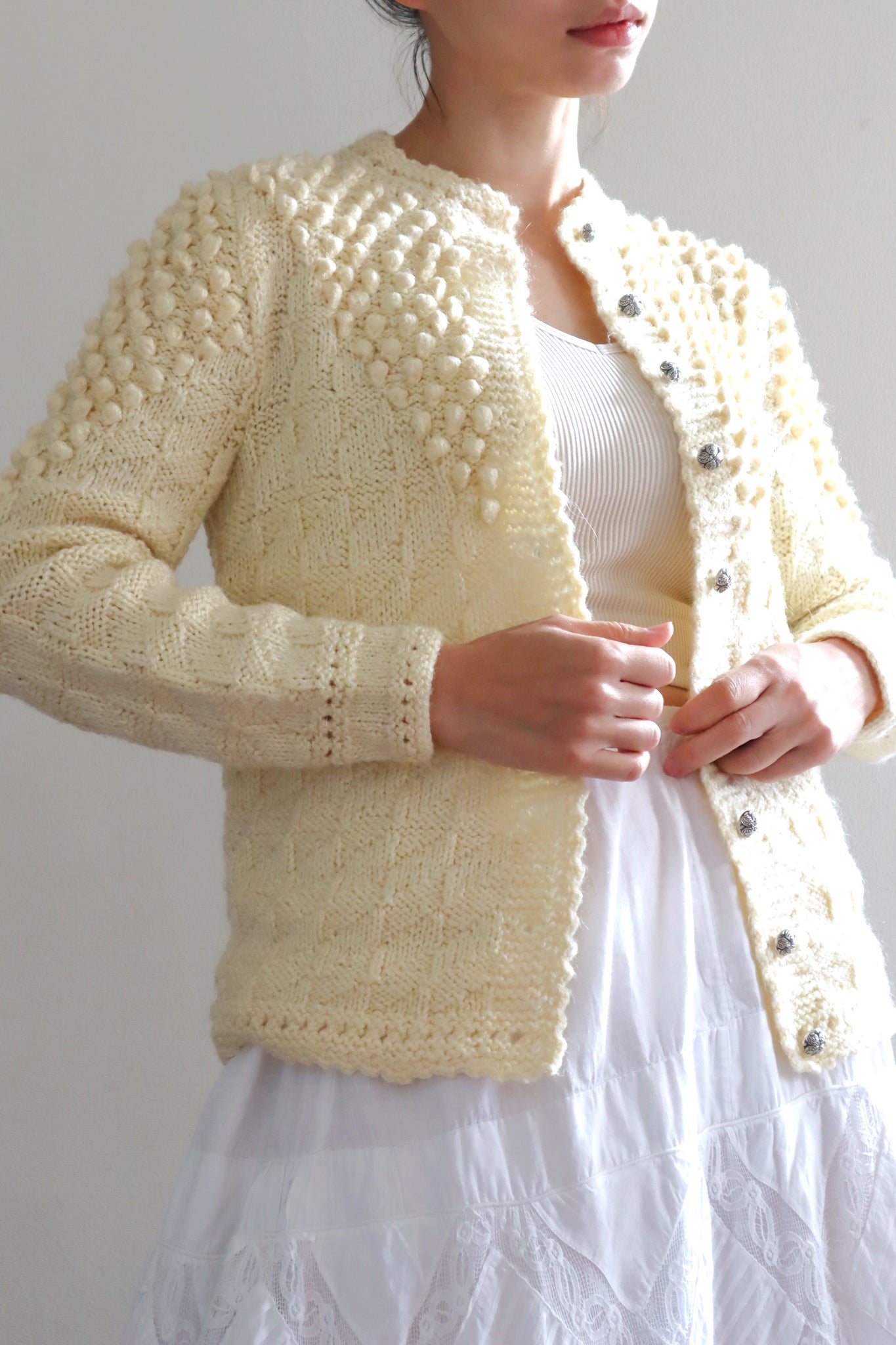 70s Hand Knit Pale Cream Soft Wool Austrian Cardigan