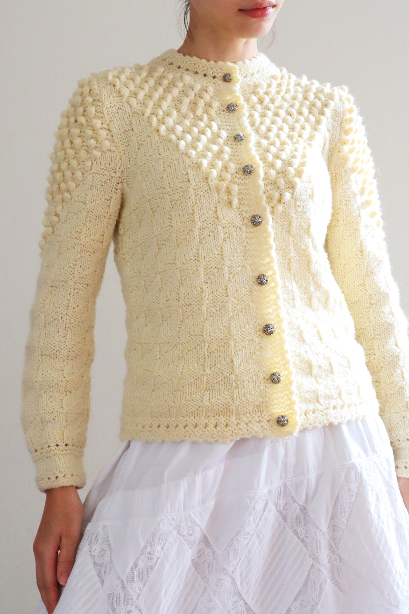 70s Hand Knit Pale Cream Soft Wool Austrian Cardigan