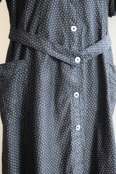 1920s French Black Patterned Cotton Work Dress