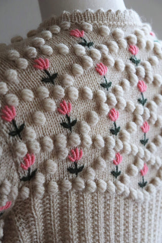 50s Austrian Hand knit Cardigan Pink flower Embroidered Milk Tea