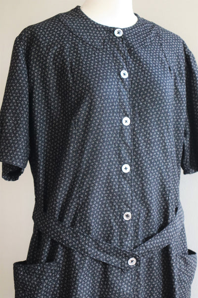 1920s French Black Patterned Cotton Work Dress